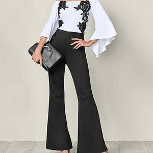 NWOT, Venus White & Black Lace Bell-Sleeve Off-Shoulder Jumpsuit, size med